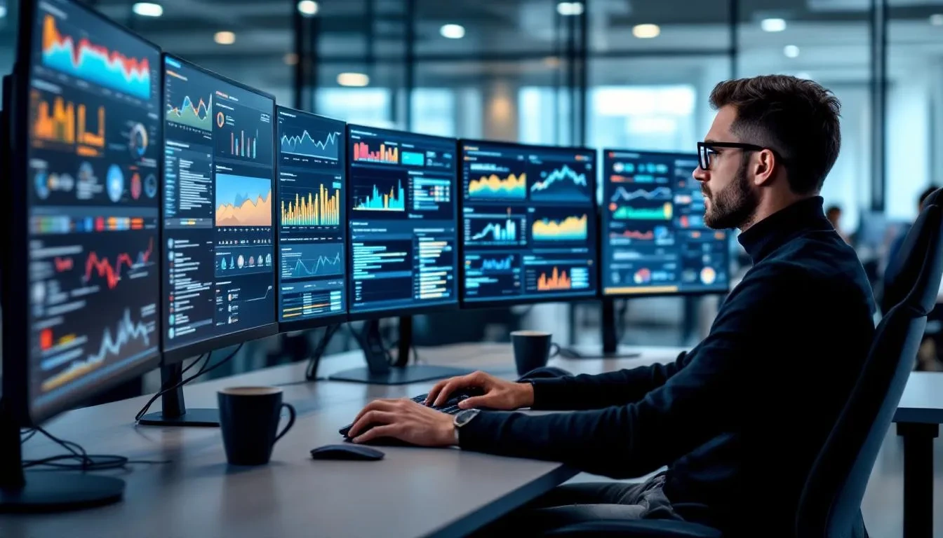 A data analyst is focused on multiple monitors that display various analytics dashboards, showcasing their technical skills and abilities in data interpretation. This scene highlights the importance of both technical and soft skills in the skills-based hiring process, as they work to analyze job performance and relevant data.